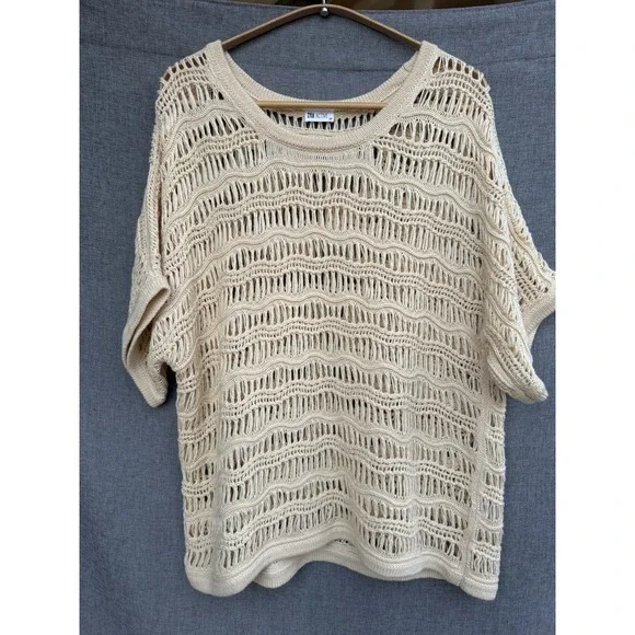 ZYIA ACTIVE Cream Knit Crochet Sweater Top Shirt Medium Boho Short Sleeve - Picture 1 of 4